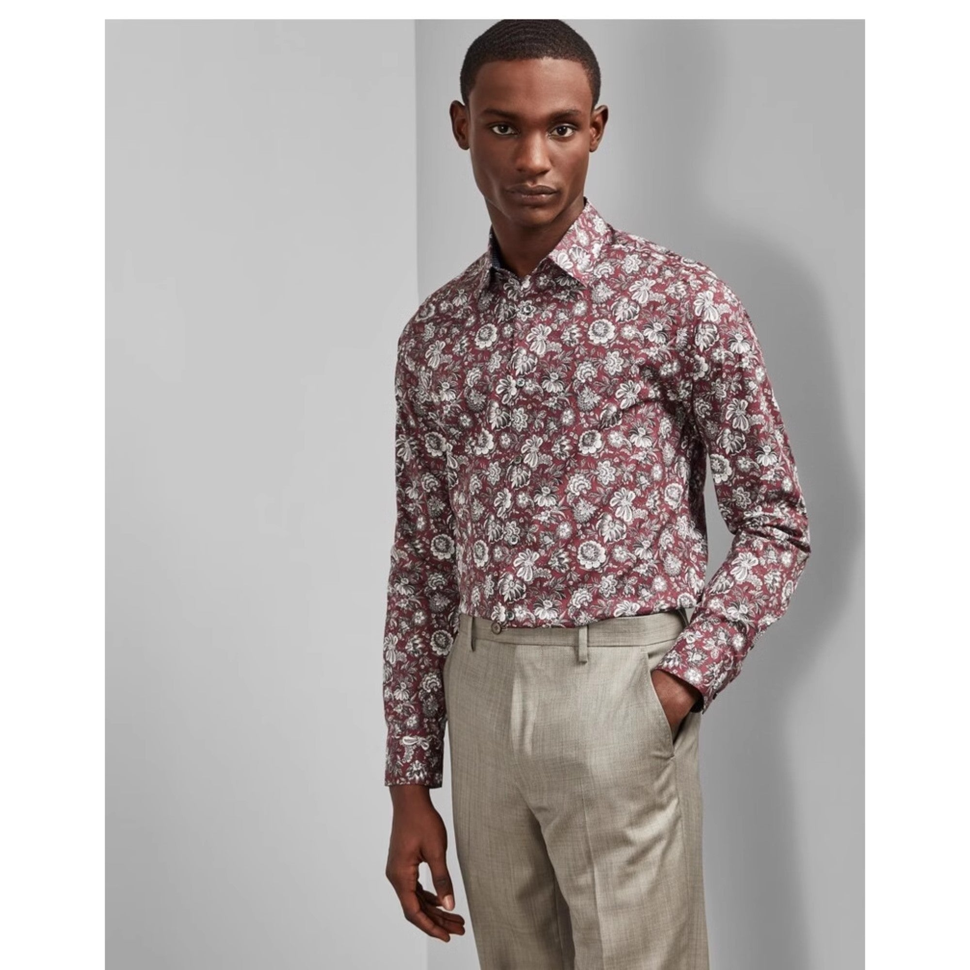 Men Mpa-Rigato-Ls Floral Printed Shirt - Dk-Red