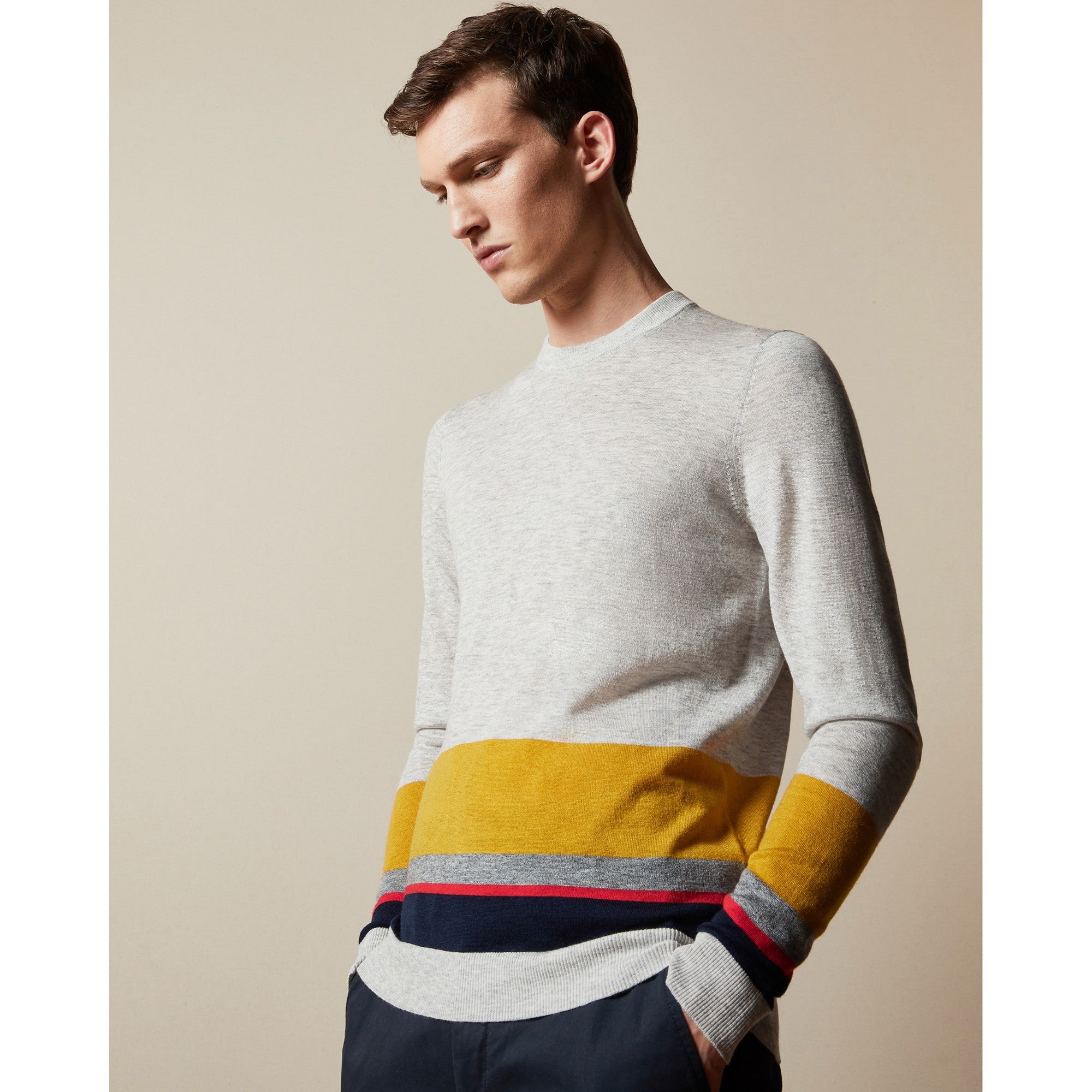 Men Mmk-Host-Ls Colour Block Crew Neck - Grey-Marl