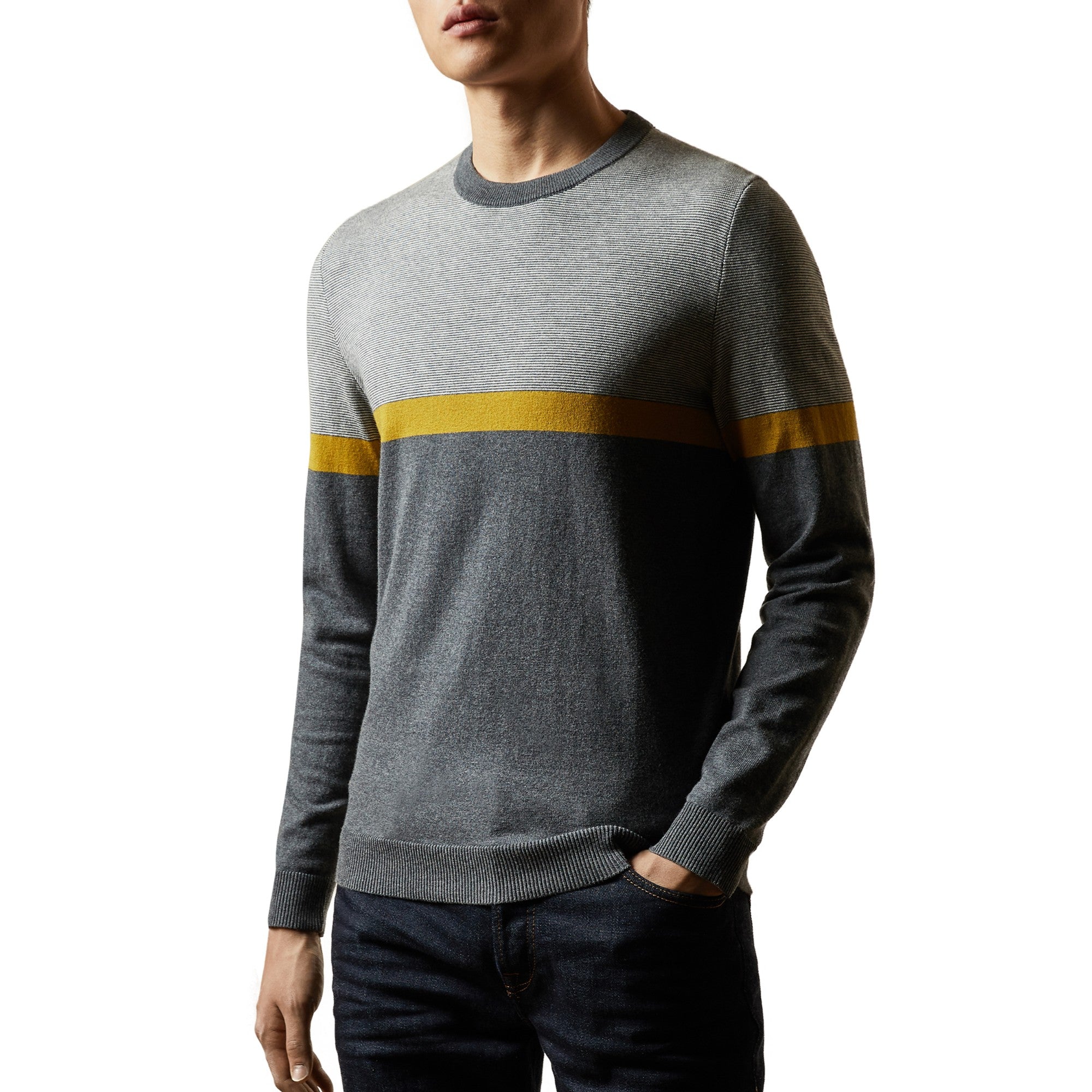 Men Mmk-Pushit-Stripe Crew Neck - Grey-Marl