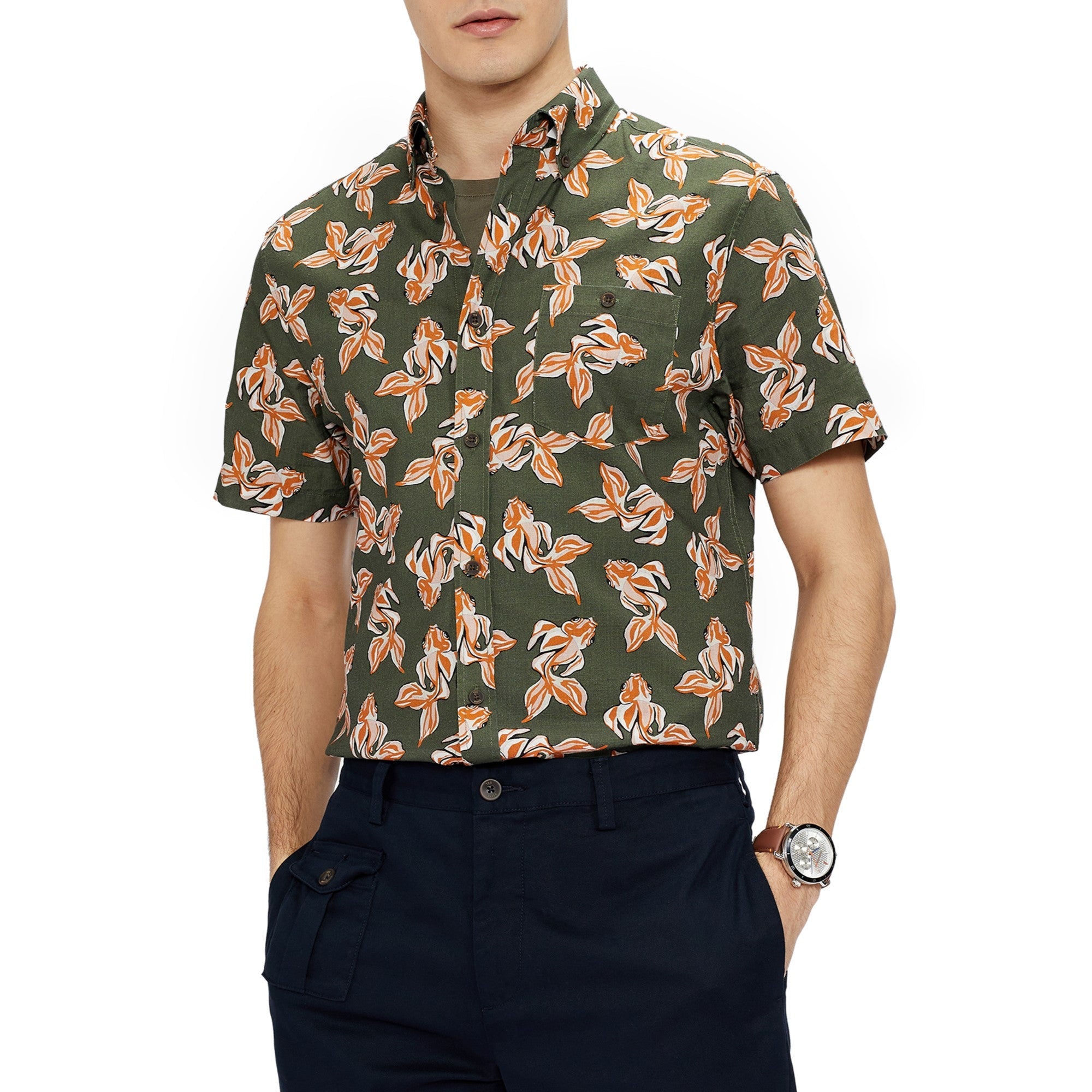 Men Mma-Pokee-Ss Linen Printed Shirt - Khaki