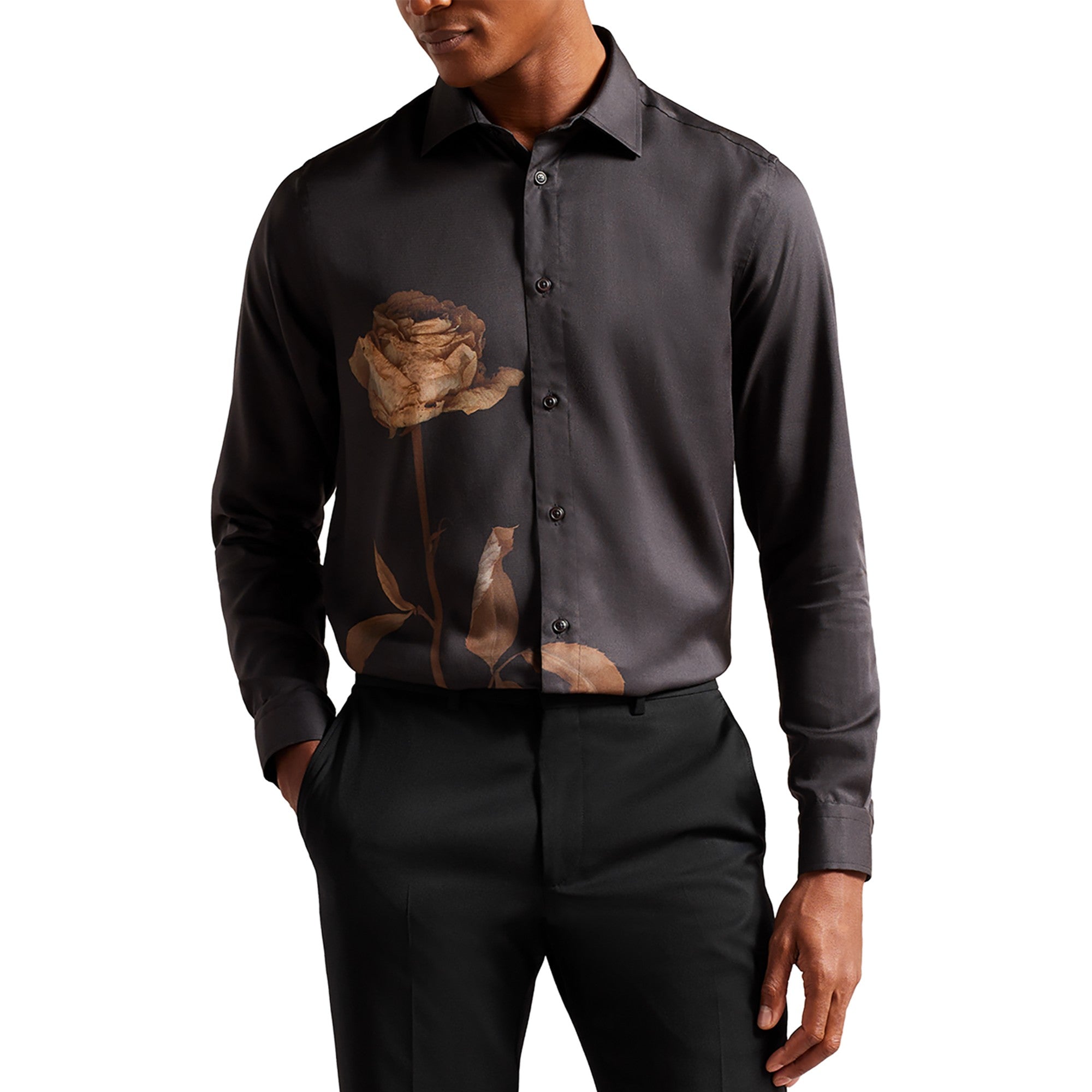 Men Mma-Hemley-Ls Placement Rose Print Shirt - Black