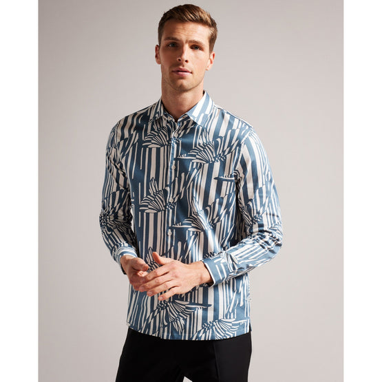 Men Mma--Ls Butterfly Stripe Print Shirt - Blue