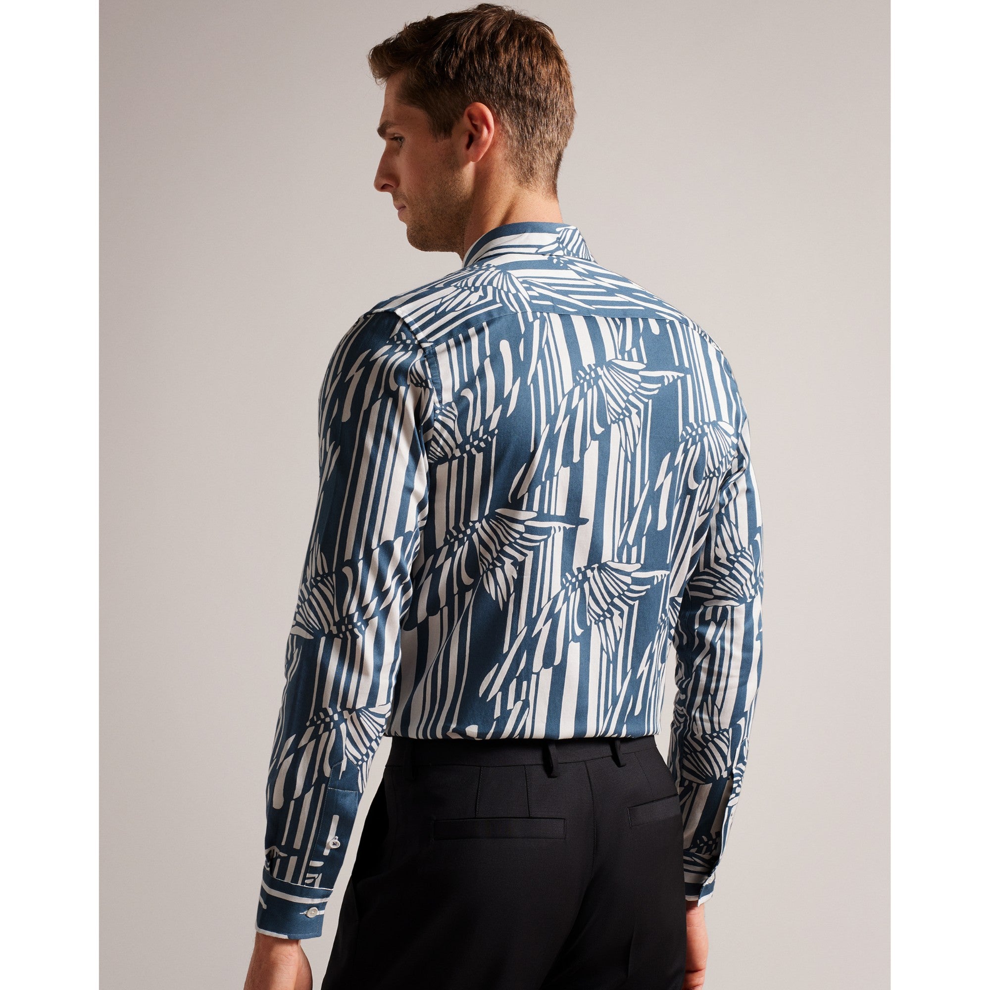 Men Mma--Ls Butterfly Stripe Print Shirt - Blue