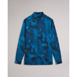 Men Mma--Ls Silk Bird Print Shirt - Blue