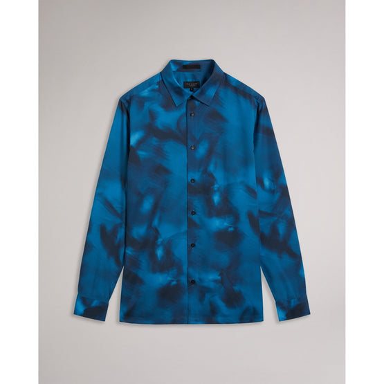 Men Mma--Ls Silk Bird Print Shirt - Blue