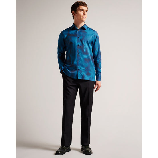Men Mma--Ls Silk Bird Print Shirt - Blue