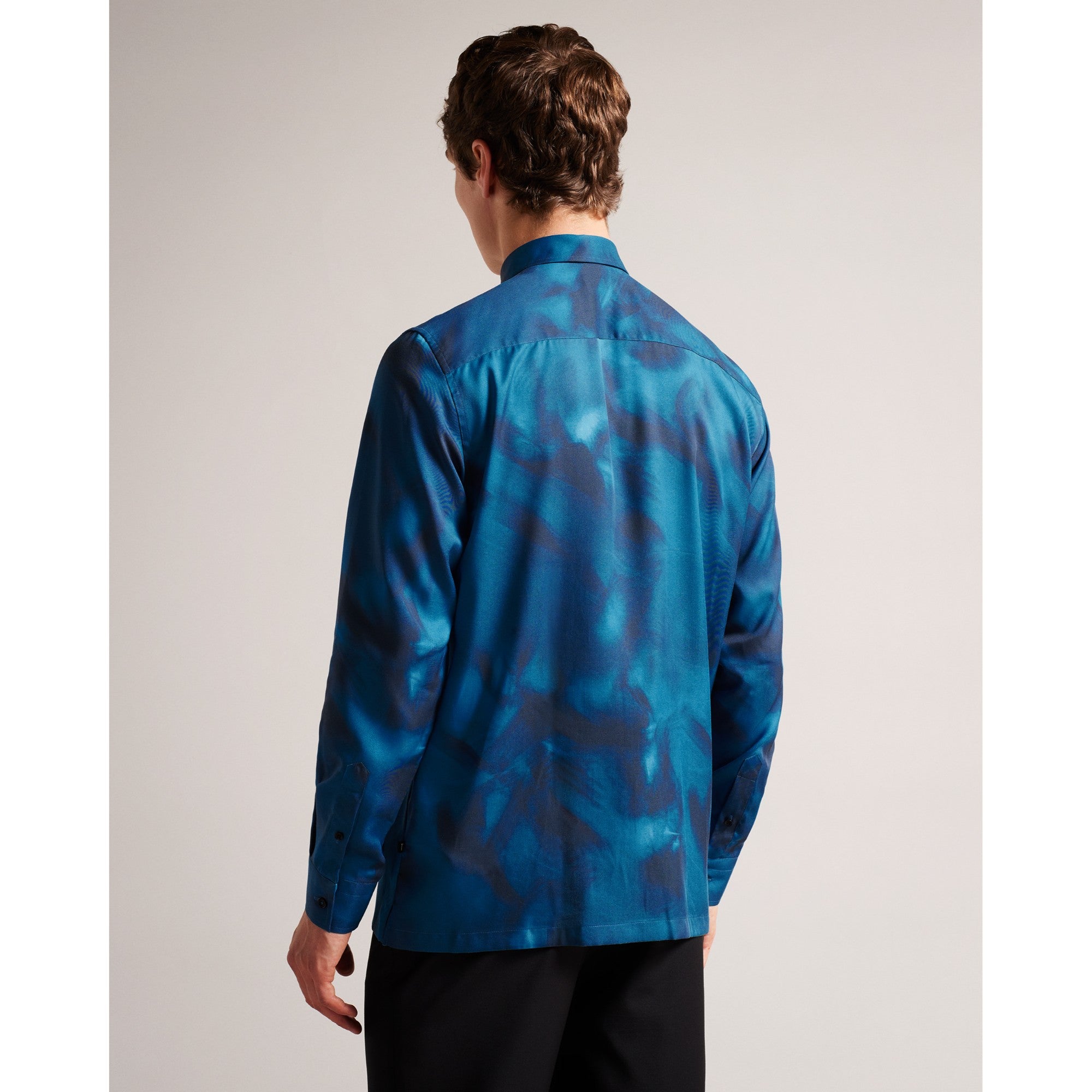 Men Mma--Ls Silk Bird Print Shirt - Blue
