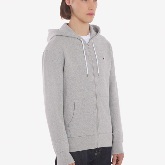 Men Tricolor Fox Patch Zip Hoodie - Grey Melange