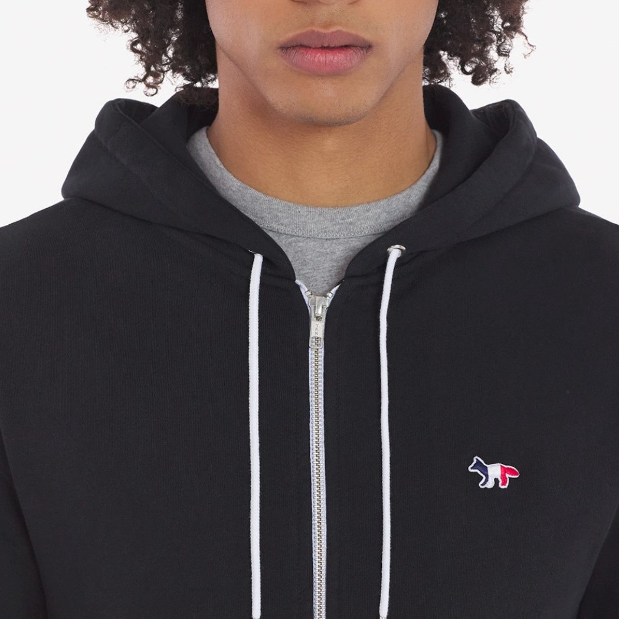 Men Tricolor Fox Patch Zip Hoodie - Black