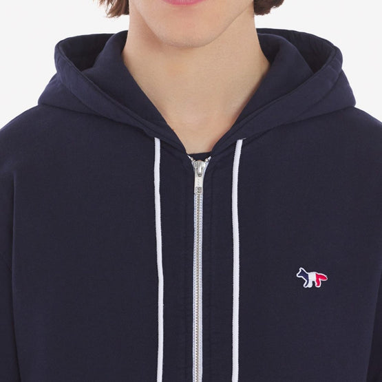 Men Tricolor Fox Patch Zip Hoodie - Navy