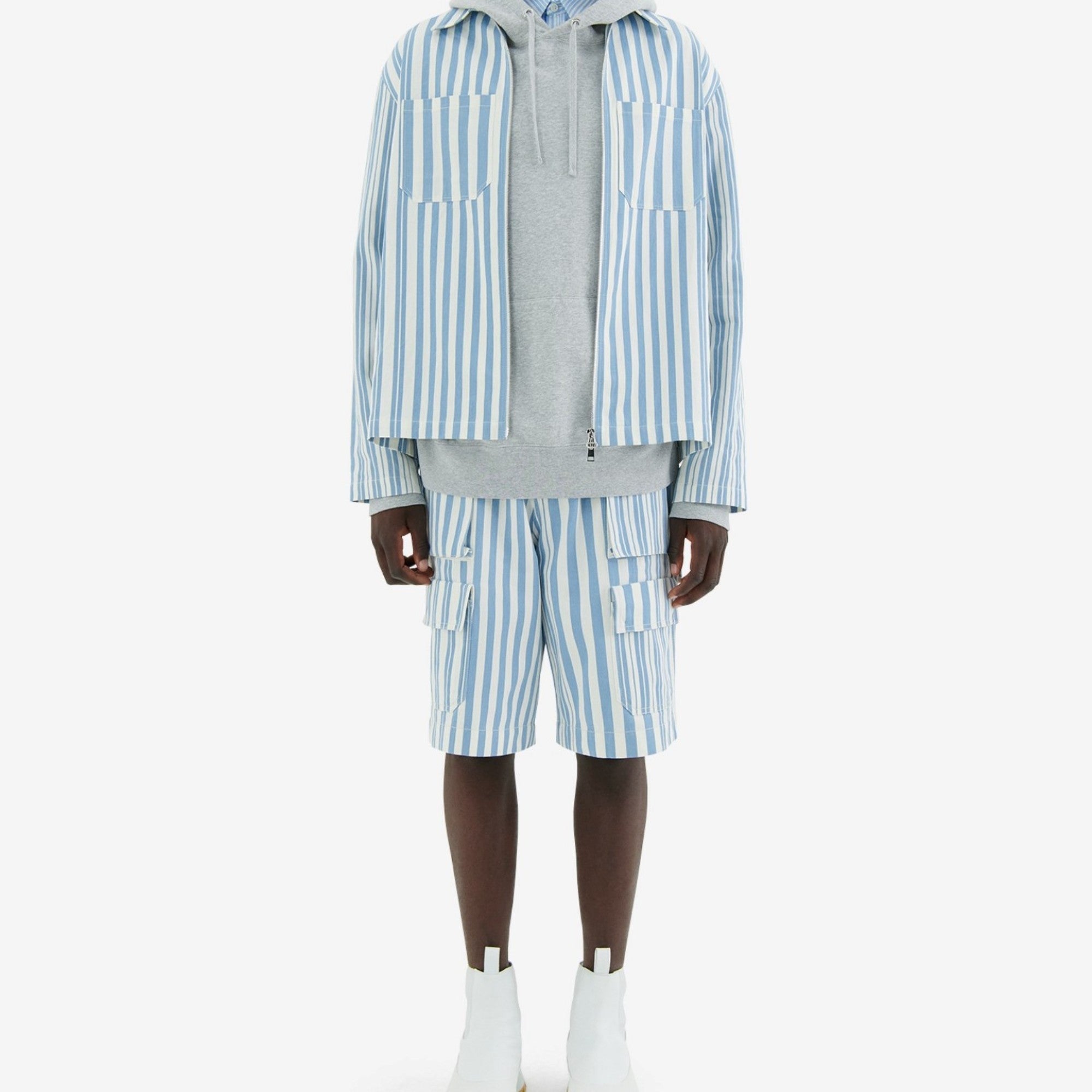 Men 2 Pockets Zipped Overshirt - Sky Blue Stripes