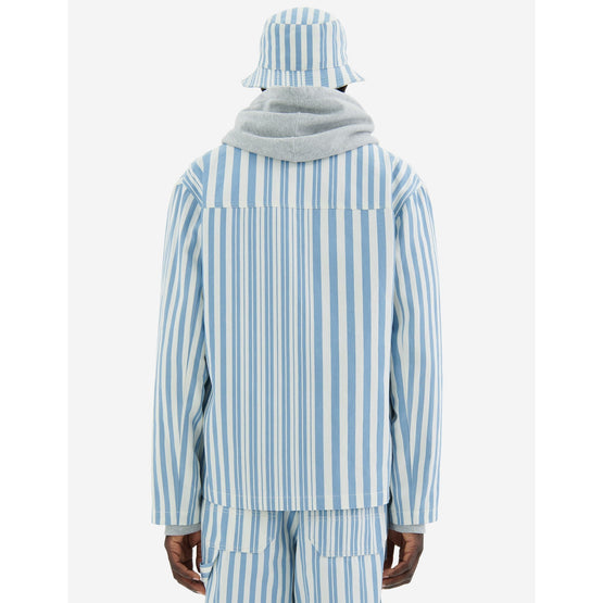 Men 2 Pockets Zipped Overshirt - Sky Blue Stripes