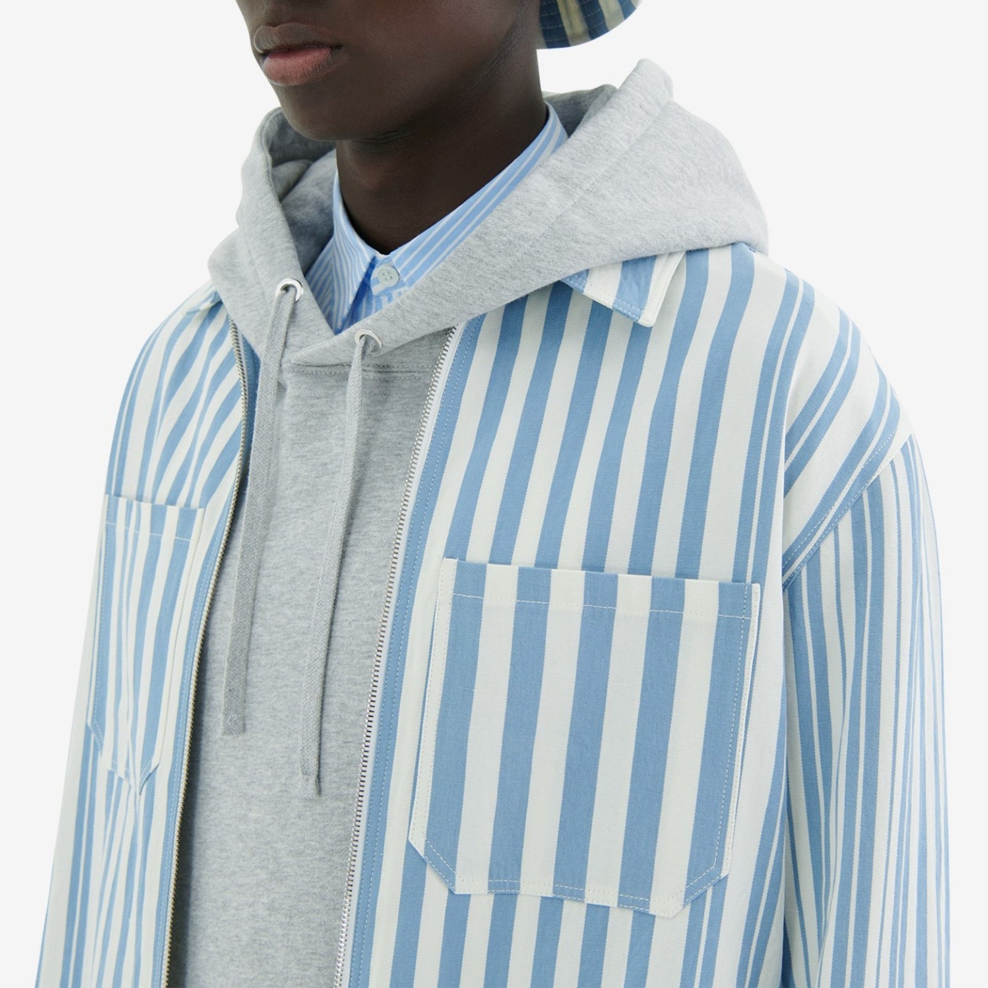 Men 2 Pockets Zipped Overshirt - Sky Blue Stripes