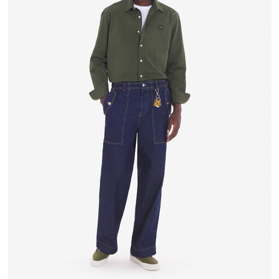 Men Workwear Pants In Washed Denim With Fox Head Patch - Washed Indigo
