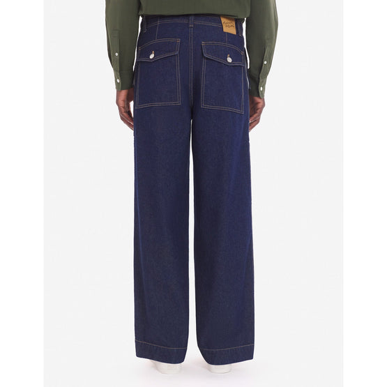 Men Workwear Pants In Washed Denim With Fox Head Patch - Washed Indigo