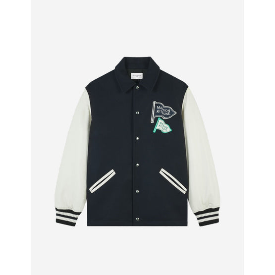 Men Varsity Jacket In Wool Felt With Leather Sleeves - Ink Blue