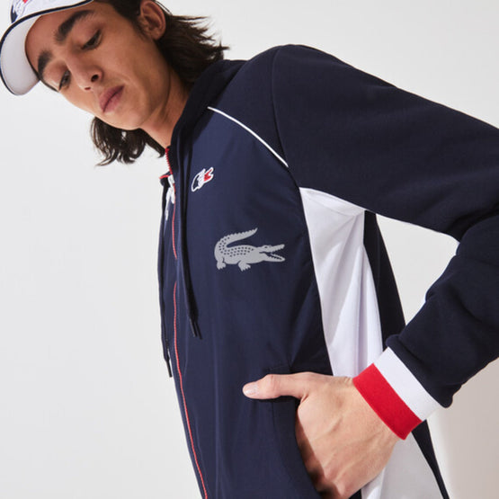 Lacoste Men'S Sport French Sporting Spirit Edition Zippered Fleece Jacket -  Navy Blue/White-Red